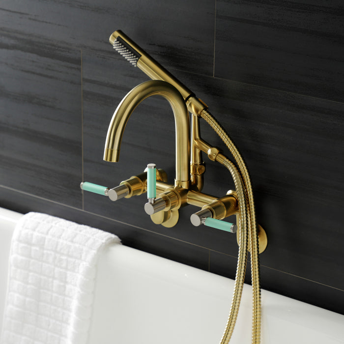 Kingston Sona AE8157DKL - Kaiser Three-Handle 2-Hole Tub Wall Mount Clawfoot Tub Faucet with Hand Shower, Brushed Brass