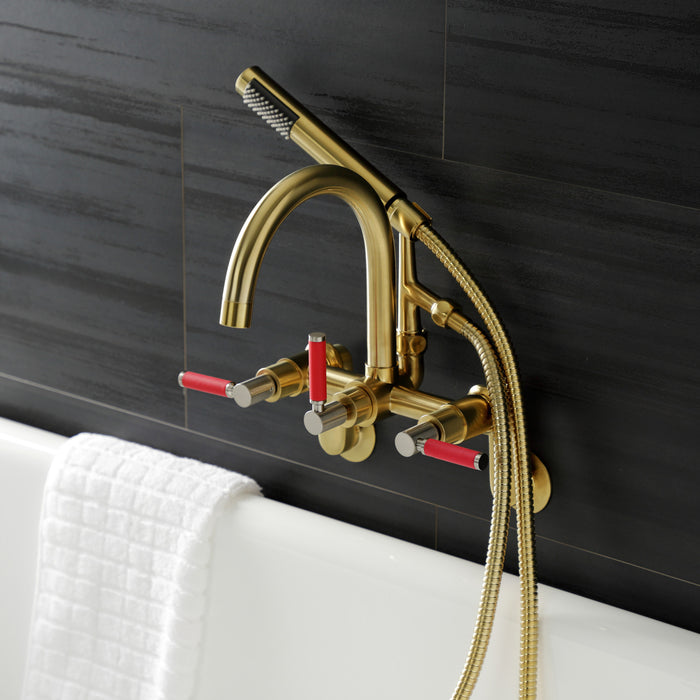 Kingston Sona AE8157DKL - Kaiser Three-Handle 2-Hole Tub Wall Mount Clawfoot Tub Faucet with Hand Shower, Brushed Brass