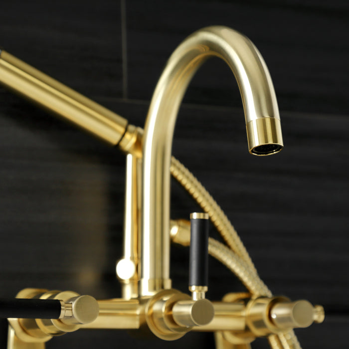 Kingston Sona AE8157DKL - Kaiser Three-Handle 2-Hole Tub Wall Mount Clawfoot Tub Faucet with Hand Shower, Brushed Brass