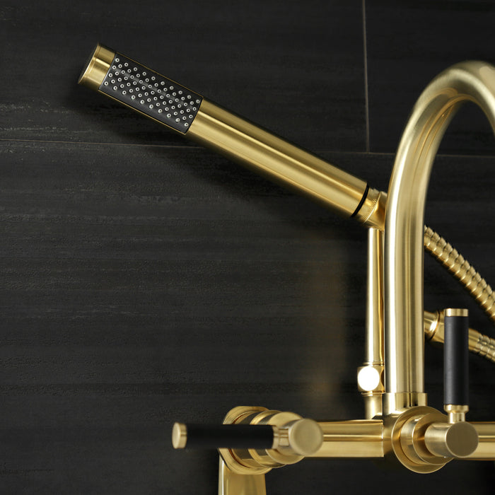 Kingston Sona AE8157DKL - Kaiser Three-Handle 2-Hole Tub Wall Mount Clawfoot Tub Faucet with Hand Shower, Brushed Brass