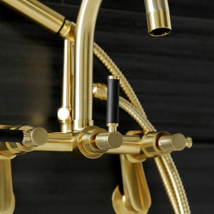 Kingston Sona AE8157DKL - Kaiser Three-Handle 2-Hole Tub Wall Mount Clawfoot Tub Faucet with Hand Shower, Brushed Brass