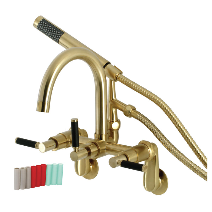 Kingston Sona AE8157DKL - Kaiser Three-Handle 2-Hole Tub Wall Mount Clawfoot Tub Faucet with Hand Shower, Brushed Brass