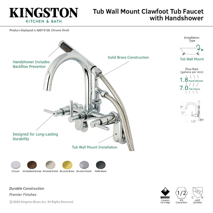 Kingston Sona AE8157DL - Concord Three-Handle 2-Hole Tub Wall Mount Clawfoot Tub Faucet with Hand Shower, Brushed Brass