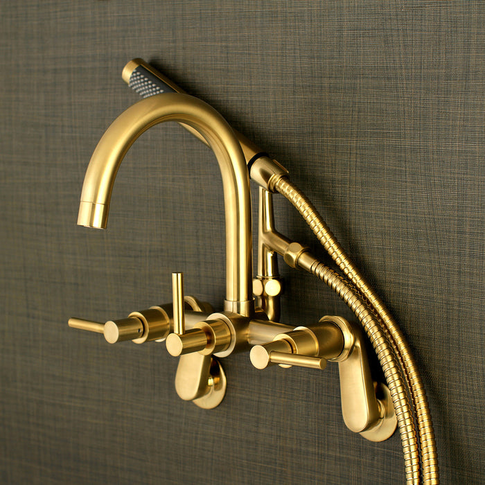 Kingston Sona AE8157DL - Concord Three-Handle 2-Hole Tub Wall Mount Clawfoot Tub Faucet with Hand Shower, Brushed Brass