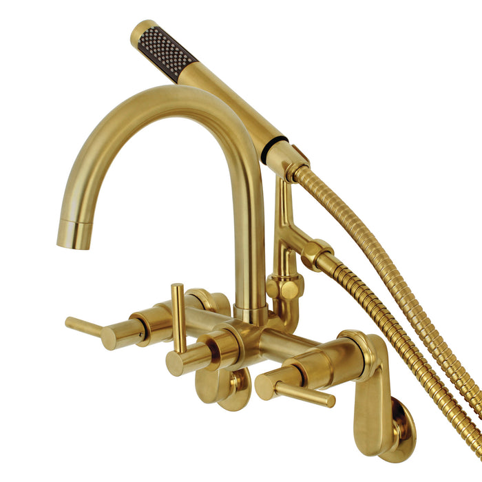 Kingston Sona AE8157DL - Concord Three-Handle 2-Hole Tub Wall Mount Clawfoot Tub Faucet with Hand Shower, Brushed Brass