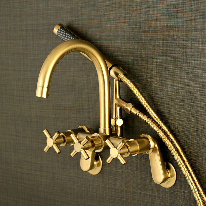 Kingston Sona AE8157DX - Concord Three-Handle 2-Hole Tub Wall Mount Clawfoot Tub Faucet with Hand Shower, Brushed Brass