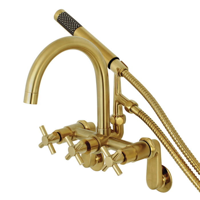 Kingston Sona AE8157DX - Concord Three-Handle 2-Hole Tub Wall Mount Clawfoot Tub Faucet with Hand Shower, Brushed Brass
