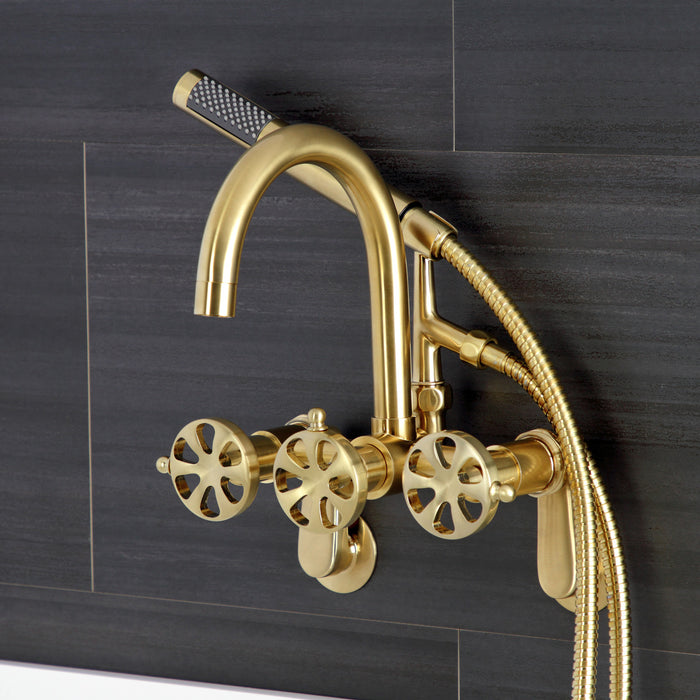 Kingston Sona AE8157RX - Belknap Three-Handle 2-Hole Tub Wall Mount Clawfoot Tub Faucet with Hand Shower, Brushed Brass