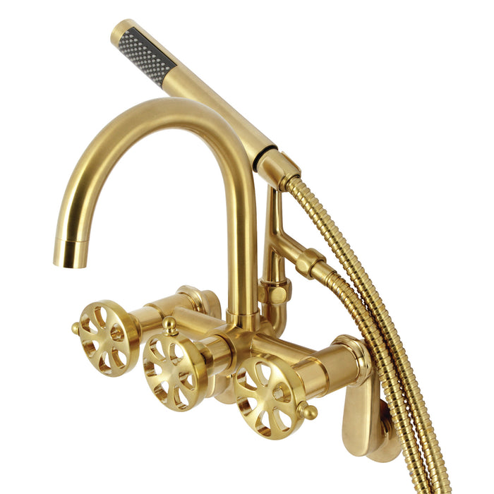 Kingston Sona AE8157RX - Belknap Three-Handle 2-Hole Tub Wall Mount Clawfoot Tub Faucet with Hand Shower, Brushed Brass