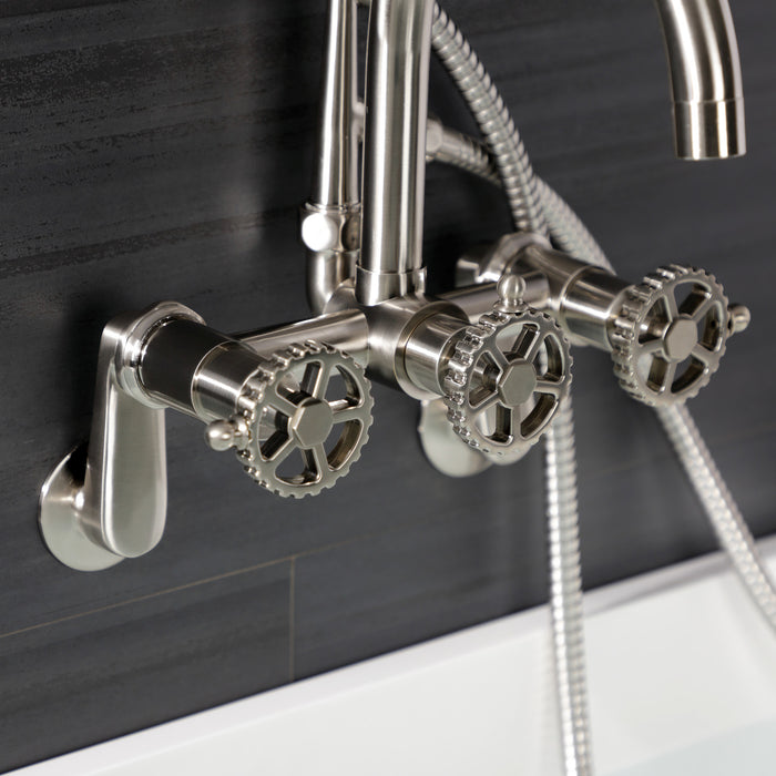 Kingston Sona AE8158CG - Fuller Three-Handle 2-Hole Tub Wall Mount Clawfoot Tub Faucet with Hand Shower, Brushed Nickel