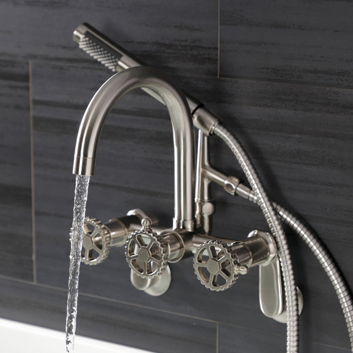 Kingston Sona AE8158CG - Fuller Three-Handle 2-Hole Tub Wall Mount Clawfoot Tub Faucet with Hand Shower, Brushed Nickel