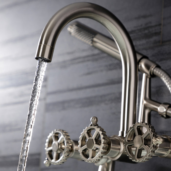 Kingston Sona AE8158CG - Fuller Three-Handle 2-Hole Tub Wall Mount Clawfoot Tub Faucet with Hand Shower, Brushed Nickel