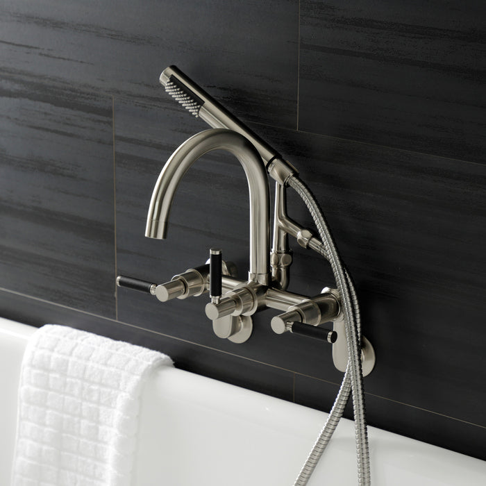 Kingston Sona AE8158DKL - Kaiser Three-Handle 2-Hole Tub Wall Mount Clawfoot Tub Faucet with Hand Shower, Brushed Nickel