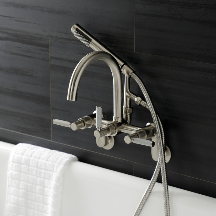 Kingston Sona AE8158DKL - Kaiser Three-Handle 2-Hole Tub Wall Mount Clawfoot Tub Faucet with Hand Shower, Brushed Nickel