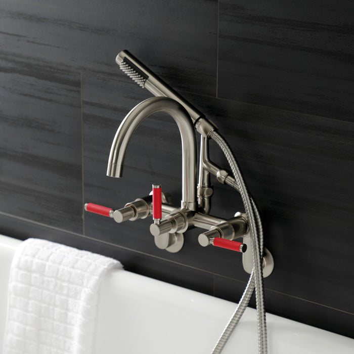 Kingston Sona AE8158DKL - Kaiser Three-Handle 2-Hole Tub Wall Mount Clawfoot Tub Faucet with Hand Shower, Brushed Nickel