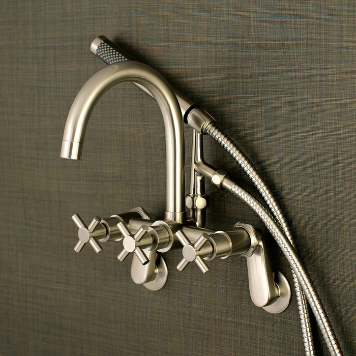 Kingston Sona AE8158DX - Concord Three-Handle 2-Hole Tub Wall Mount Clawfoot Tub Faucet with Hand Shower, Brushed Nickel