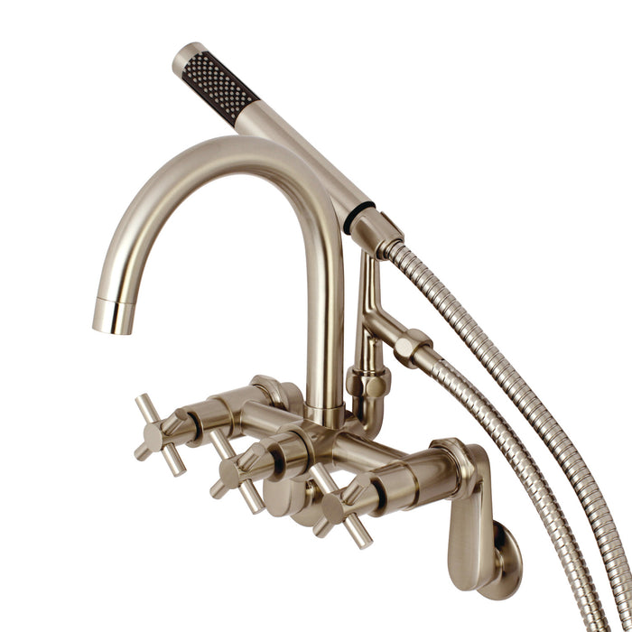 Kingston Sona AE8158DX - Concord Three-Handle 2-Hole Tub Wall Mount Clawfoot Tub Faucet with Hand Shower, Brushed Nickel