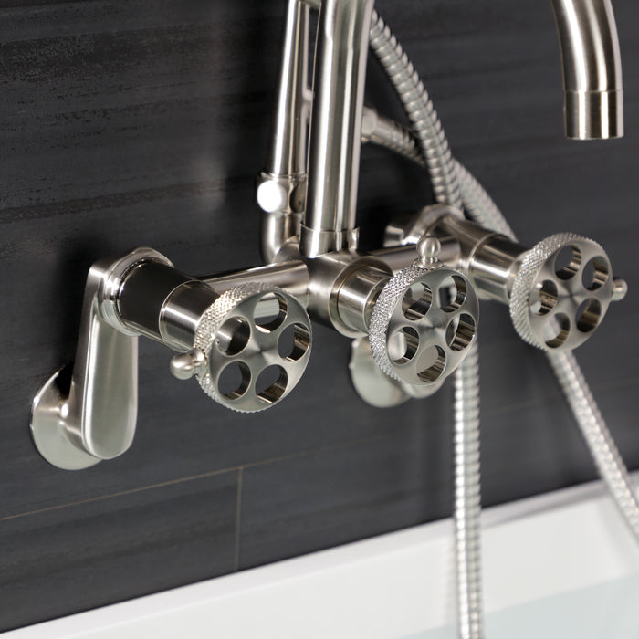 Kingston Sona AE8158RKX - Webb Three-Handle 2-Hole Adjustable Wall Mount Clawfoot Tub Faucet with Knurled Handle and Hand Shower, Brushed Nickel