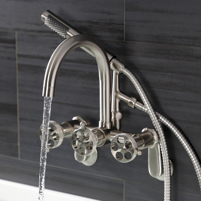 Kingston Sona AE8158RKX - Webb Three-Handle 2-Hole Adjustable Wall Mount Clawfoot Tub Faucet with Knurled Handle and Hand Shower, Brushed Nickel