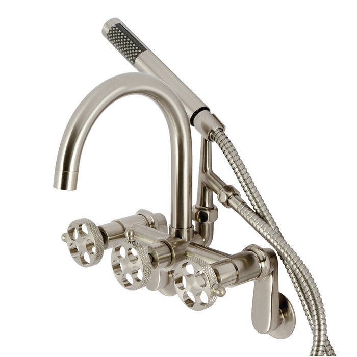 Kingston Sona AE8158RKX - Webb Three-Handle 2-Hole Adjustable Wall Mount Clawfoot Tub Faucet with Knurled Handle and Hand Shower, Brushed Nickel