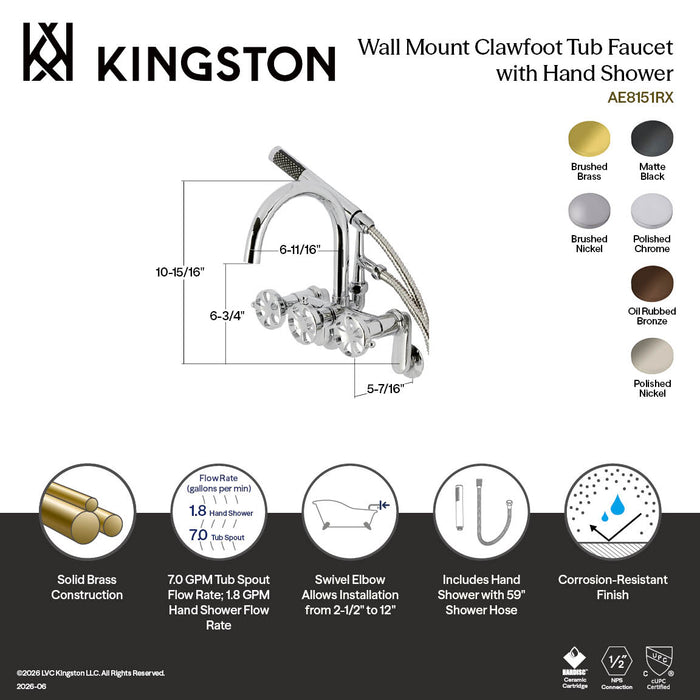 Kingston Sona AE8158RX - Belknap Three-Handle 2-Hole Tub Wall Mount Clawfoot Tub Faucet with Hand Shower, Brushed Nickel