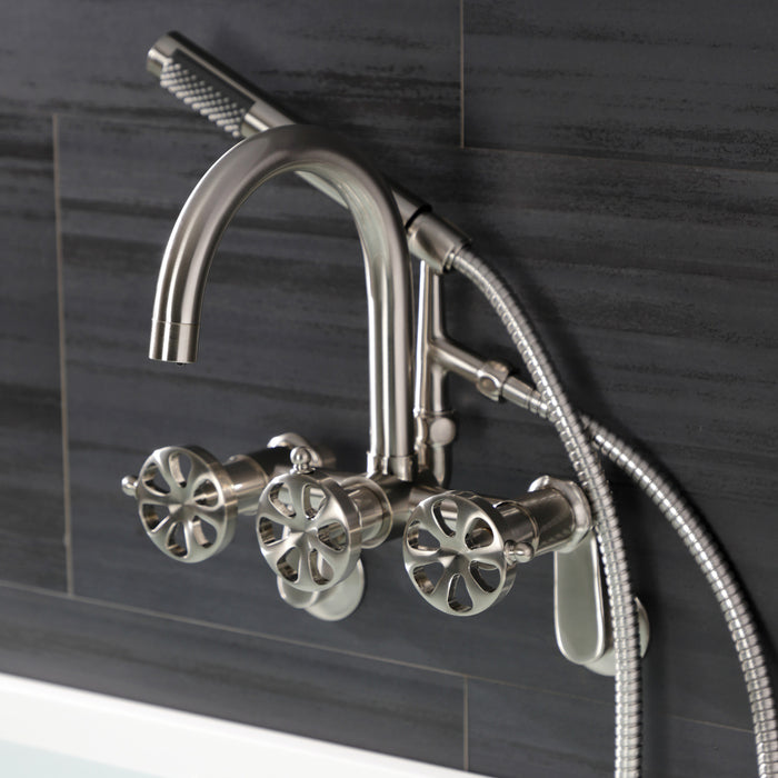 Kingston Sona AE8158RX - Belknap Three-Handle 2-Hole Tub Wall Mount Clawfoot Tub Faucet with Hand Shower, Brushed Nickel