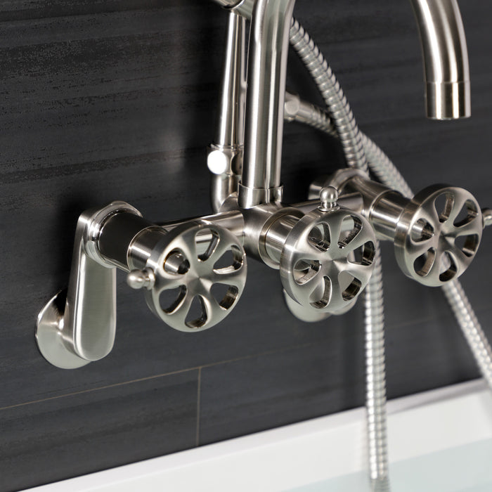 Kingston Sona AE8158RX - Belknap Three-Handle 2-Hole Tub Wall Mount Clawfoot Tub Faucet with Hand Shower, Brushed Nickel