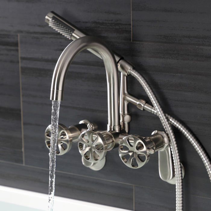 Kingston Sona AE8158RX - Belknap Three-Handle 2-Hole Tub Wall Mount Clawfoot Tub Faucet with Hand Shower, Brushed Nickel