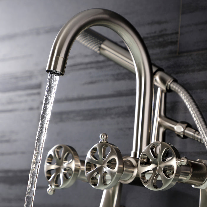 Kingston Sona AE8158RX - Belknap Three-Handle 2-Hole Tub Wall Mount Clawfoot Tub Faucet with Hand Shower, Brushed Nickel