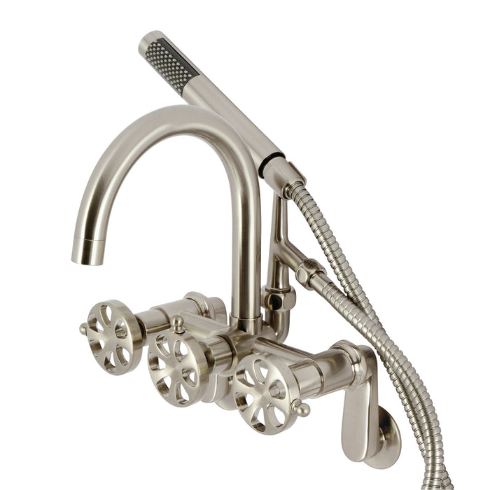 Kingston Sona AE8158RX - Belknap Three-Handle 2-Hole Tub Wall Mount Clawfoot Tub Faucet with Hand Shower, Brushed Nickel