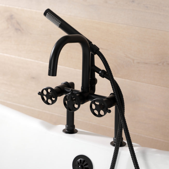 Kingston Sona AE8400RKX - Webb Three-Handle 2-Hole Deck-Mount Clawfoot Tub Faucet with Knurled Handle and Hand Shower, Matte Black