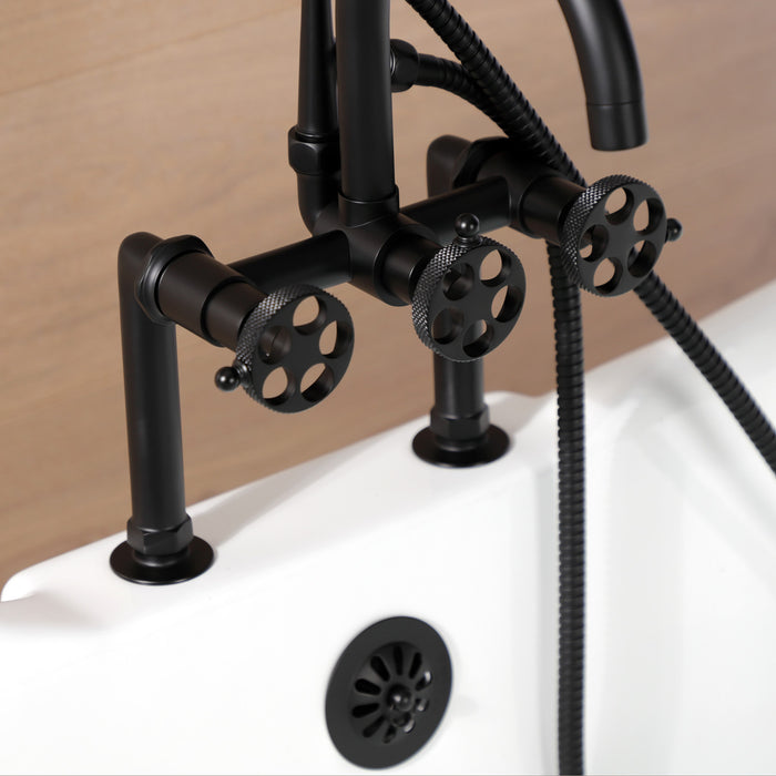 Kingston Sona AE8400RKX - Webb Three-Handle 2-Hole Deck-Mount Clawfoot Tub Faucet with Knurled Handle and Hand Shower, Matte Black