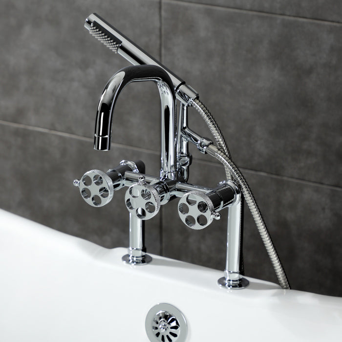 Kingston Sona AE8401RKX - Webb Three-Handle 2-Hole Deck-Mount Clawfoot Tub Faucet with Knurled Handle and Hand Shower, Polished Chrome