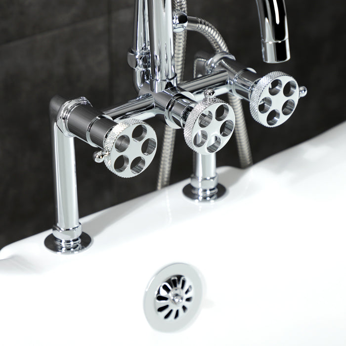 Kingston Sona AE8401RKX - Webb Three-Handle 2-Hole Deck-Mount Clawfoot Tub Faucet with Knurled Handle and Hand Shower, Polished Chrome