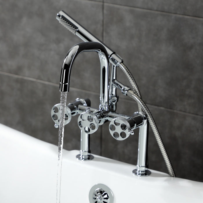 Kingston Sona AE8401RKX - Webb Three-Handle 2-Hole Deck-Mount Clawfoot Tub Faucet with Knurled Handle and Hand Shower, Polished Chrome