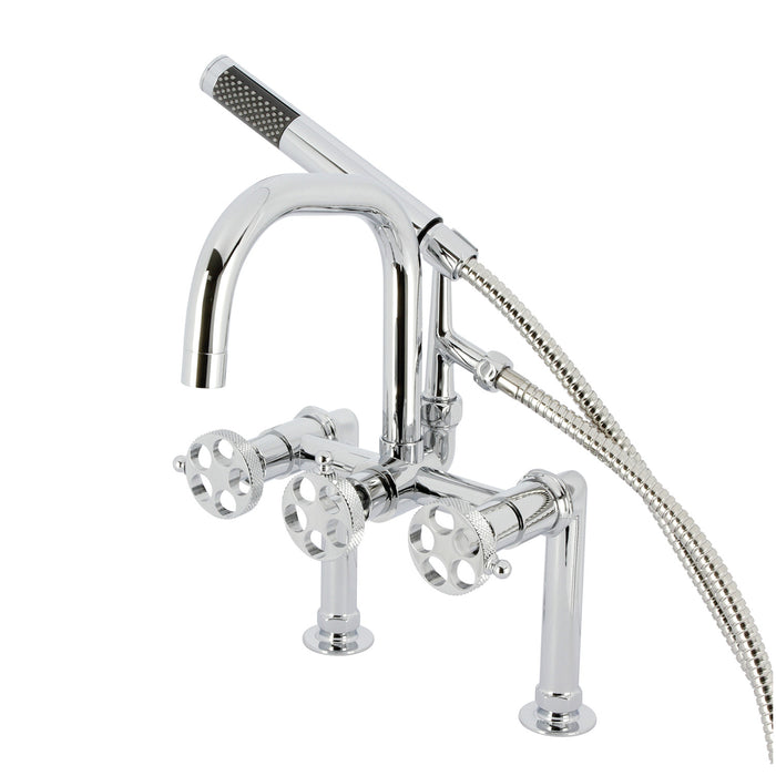 Kingston Sona AE8401RKX - Webb Three-Handle 2-Hole Deck-Mount Clawfoot Tub Faucet with Knurled Handle and Hand Shower, Polished Chrome