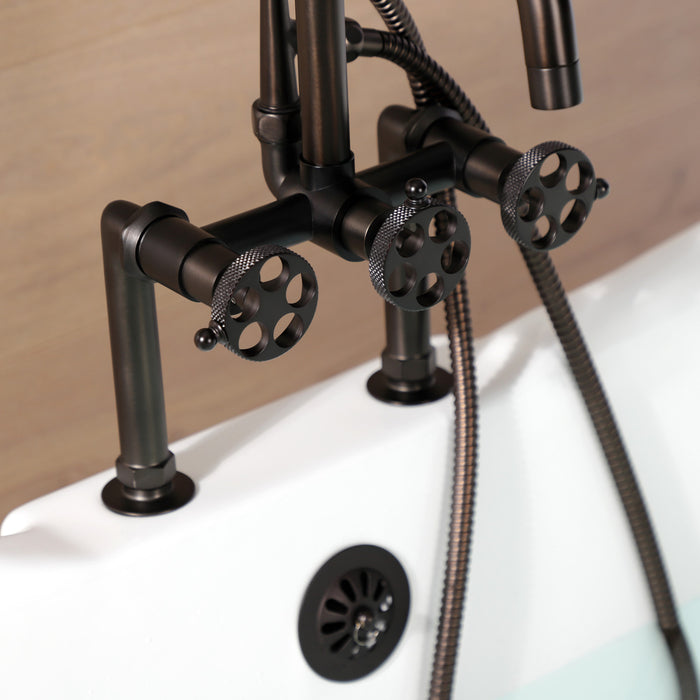 Kingston Sona AE8405RKX - Webb Three-Handle 2-Hole Deck-Mount Clawfoot Tub Faucet with Knurled Handle and Hand Shower, Oil Rubbed Bronze