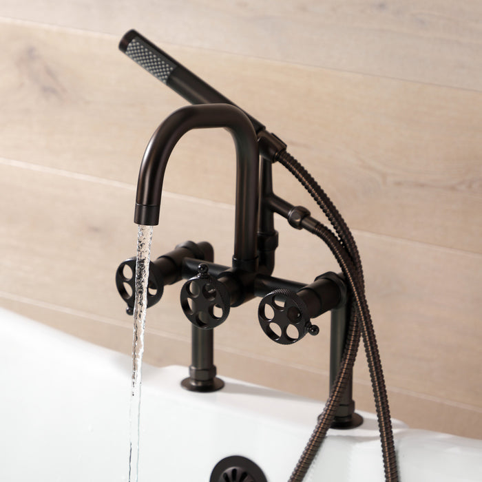 Kingston Sona AE8405RKX - Webb Three-Handle 2-Hole Deck-Mount Clawfoot Tub Faucet with Knurled Handle and Hand Shower, Oil Rubbed Bronze