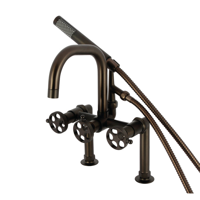 Kingston Sona AE8405RKX - Webb Three-Handle 2-Hole Deck-Mount Clawfoot Tub Faucet with Knurled Handle and Hand Shower, Oil Rubbed Bronze