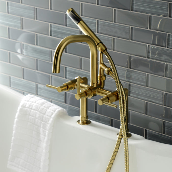 Kingston Sona AE8407DL - Concord Three-Handle 2-Hole Deck-Mount Clawfoot Tub Faucet with Hand Shower, Brushed Brass