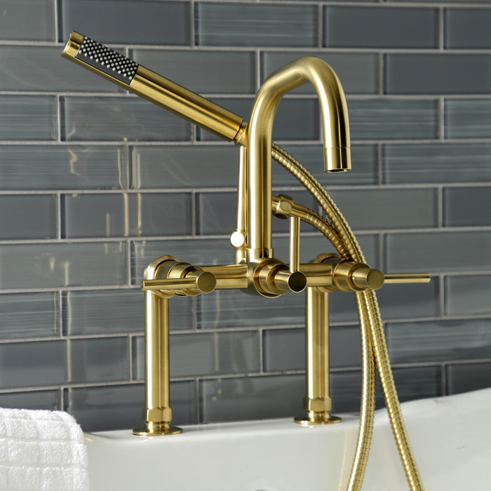 Kingston Sona AE8407DL - Concord Three-Handle 2-Hole Deck-Mount Clawfoot Tub Faucet with Hand Shower, Brushed Brass