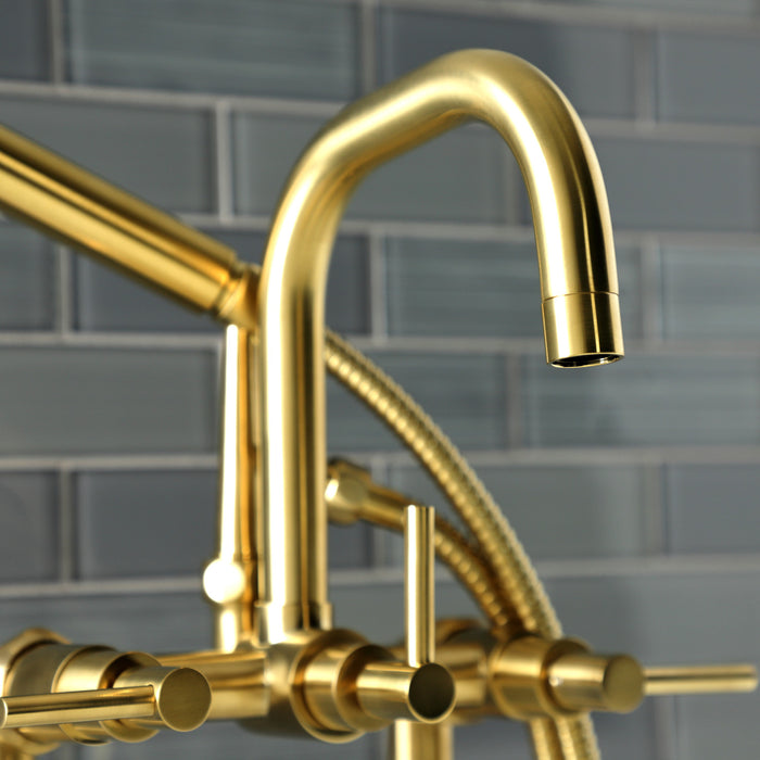 Kingston Sona AE8407DL - Concord Three-Handle 2-Hole Deck-Mount Clawfoot Tub Faucet with Hand Shower, Brushed Brass