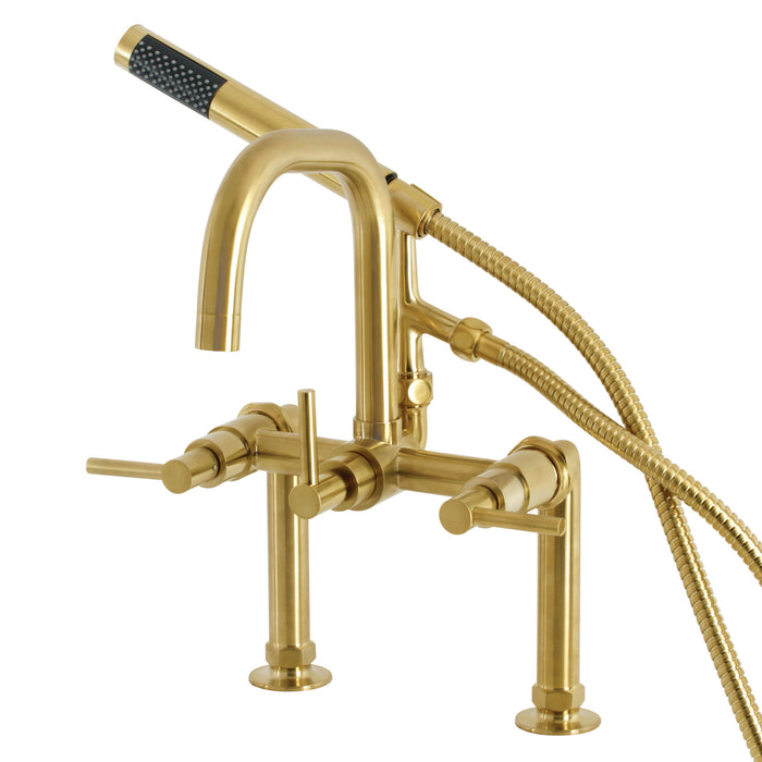 Kingston Sona AE8407DL - Concord Three-Handle 2-Hole Deck-Mount Clawfoot Tub Faucet with Hand Shower, Brushed Brass