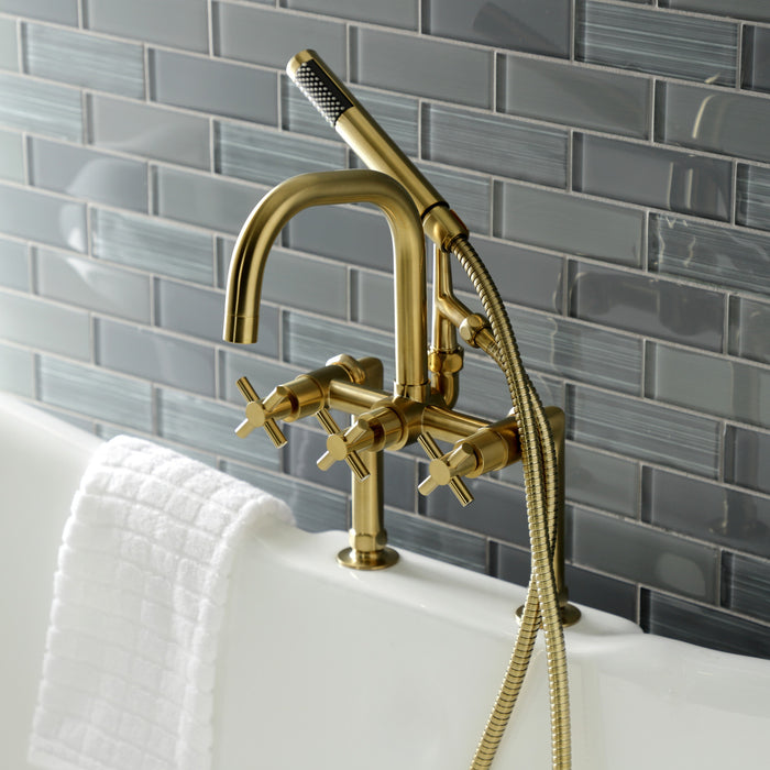 Kingston Sona AE8407DX - Concord Three-Handle 2-Hole Deck-Mount Clawfoot Tub Faucet with Hand Shower, Brushed Brass