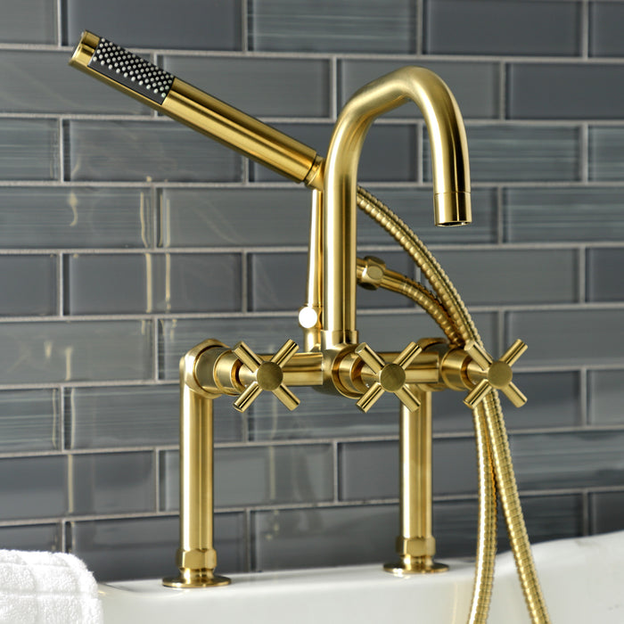 Kingston Sona AE8407DX - Concord Three-Handle 2-Hole Deck-Mount Clawfoot Tub Faucet with Hand Shower, Brushed Brass
