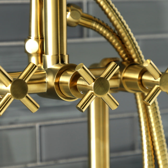 Kingston Sona AE8407DX - Concord Three-Handle 2-Hole Deck-Mount Clawfoot Tub Faucet with Hand Shower, Brushed Brass