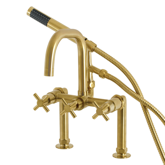 Kingston Sona AE8407DX - Concord Three-Handle 2-Hole Deck-Mount Clawfoot Tub Faucet with Hand Shower, Brushed Brass