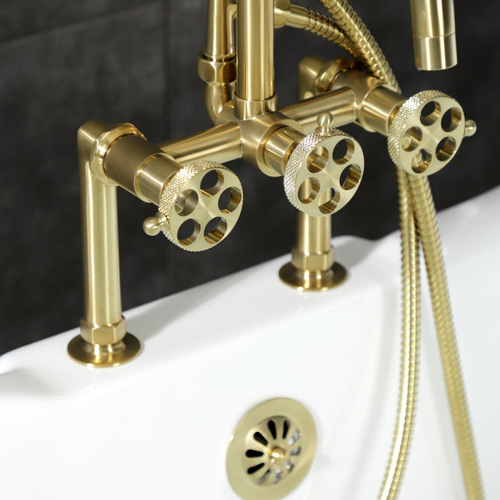 Kingston Sona AE8407RKX - Webb Three-Handle 2-Hole Deck-Mount Clawfoot Tub Faucet with Knurled Handle and Hand Shower, Brushed Brass