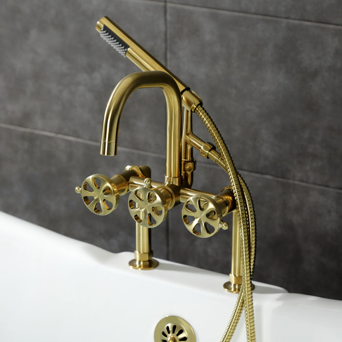 Kingston Sona AE8407RX - Belknap Three-Handle 2-Hole Deck-Mount Clawfoot Tub Faucet with Hand Shower, Brushed Brass