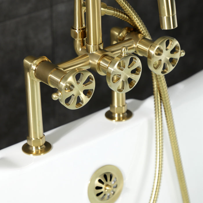 Kingston Sona AE8407RX - Belknap Three-Handle 2-Hole Deck-Mount Clawfoot Tub Faucet with Hand Shower, Brushed Brass